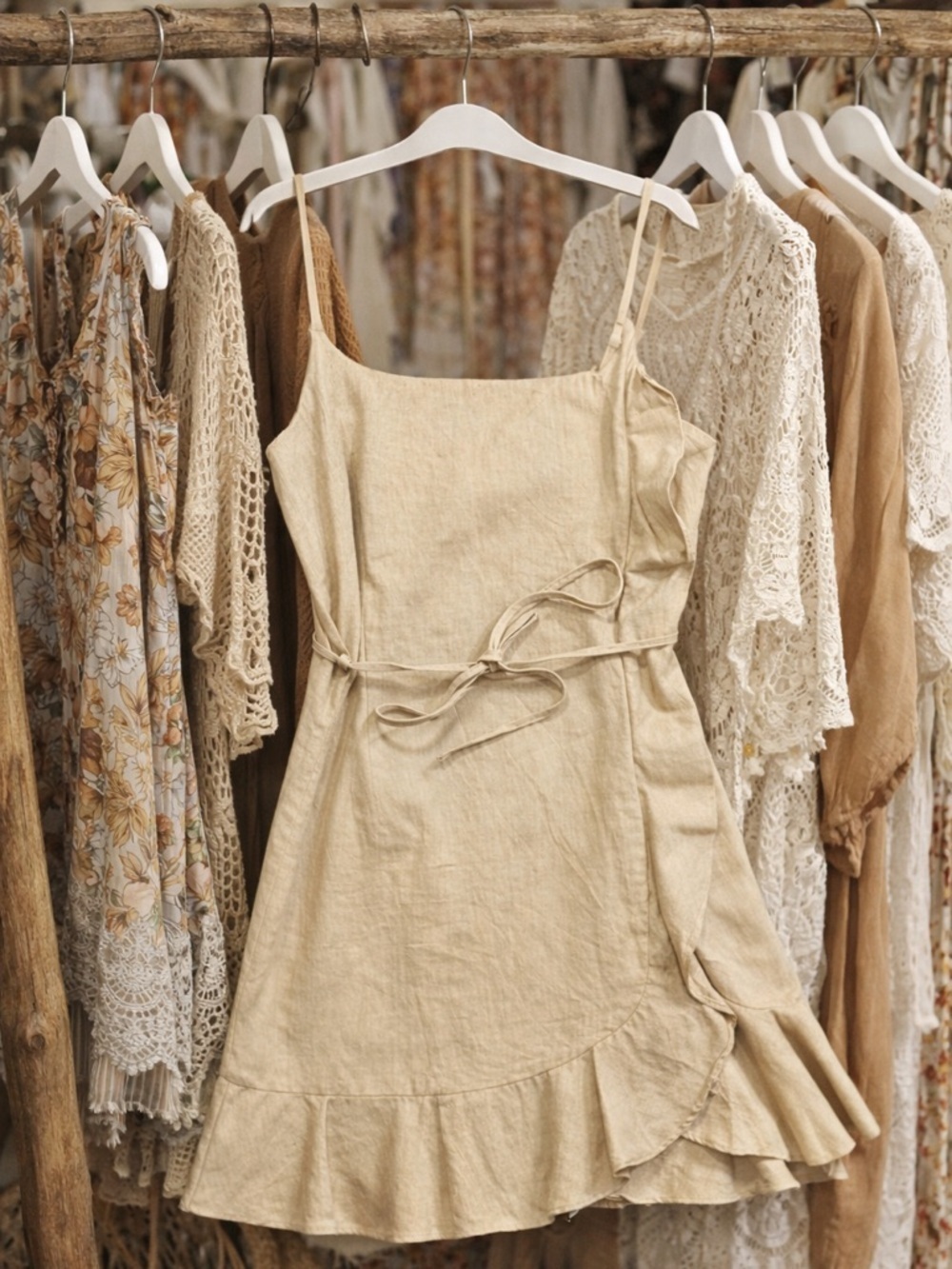Linen Blend Boho Ruffle Mini Dress Tie Waist Summer Vacation L